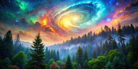 Fototapeta premium Surreal Double Exposure: Dreamlike Forest and Celestial Sky