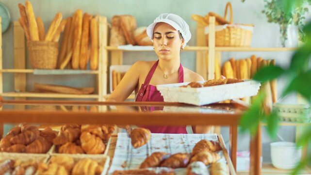 Positive young saleswoman puts croissants on display in square woven basket in bakery shop. High quality 4k footage
