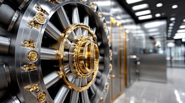 Reinforced circular vault door with gold mechanism inside high-security banking facility corridor