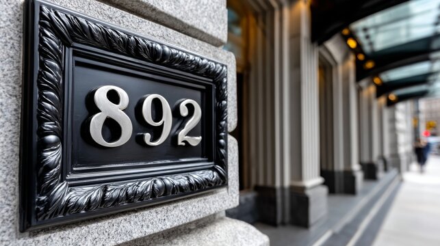 Number 892 plaque mounted on historic bank facade with textured architecture and stone background