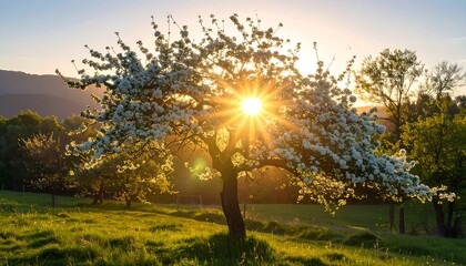 Blooming apple tree at sunset