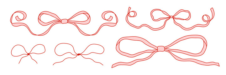 Set of hand drawn ribbon bows in coquette style. Cute feminine decorative elements for digital design, scrapbooking, planners, invitations, packaging, and social media. Isolated on white vector art