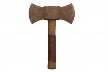 Weathered rusty double-bit axe with leather-wrapped handle, vintage metalwork showcasing rugged craftsmanship against transparent backdrop