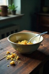 Empty bowl, unwashed dishes, and crumbs on a table, suggesting a lack of food and emotional distress ,  despair,  somber,  hunger