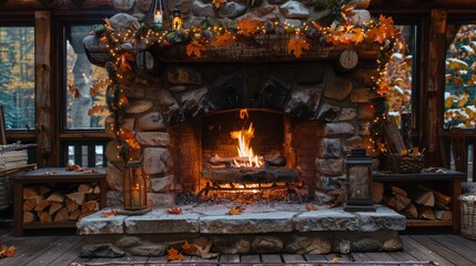 Cozy Rustic Fireplace with Autumn Decor and Warm Glow in Nature