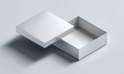 Opened silver square box on light gray surface
