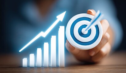 A hand holds a target with an arrow, overlaid with a rising graph