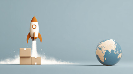 A rocket blasting off from a stack of boxes next to a globe, representing global shipping and new ventures.