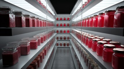 Fototapeta premium Industrial warehouse shelves with rows of red jars organized in modern storage
