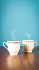 Two steaming cups of coffee on a table