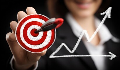 Woman's hand aiming at a target with an arrow, overlaid with a graph