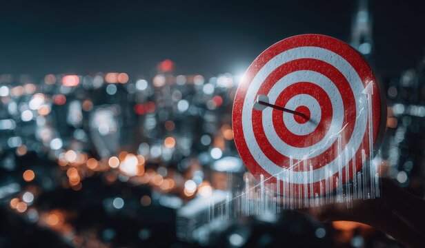 Red target with arrow hitting center, overlaid on a cityscape at night, showing upward trend graphs - Powered by Adobe