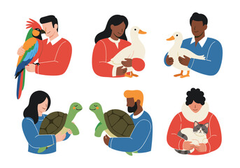 Diverse individuals caring for various pet companions including birds turtles and cats