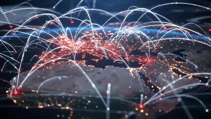 Global network connections illustrated over a digital map showcasing vibrant city lights and data flow - Powered by Adobe