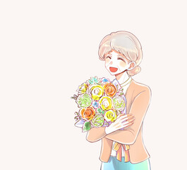 花束を持つおばあさん