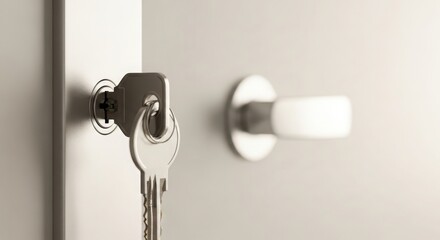 Close-up of a key in metal door lock with round handle on stainless steel surface