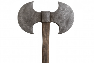 Close-up of a double-sided axe with a wooden handle, isolated on a transparent background, evoking medieval battles and weaponry