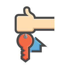 House ownership concept vector icon. Hand holding house key to deliver to customer. Symbolizes property sale, new home ownership and real estate transactions. Ideal for home buying, selling concepts.
