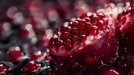 Closeup macro of fresh pomegranate seeds with water drops dramatic background