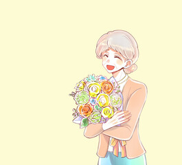花束を持つおばあさん