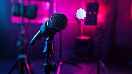 Obraz premium Stage microphone illuminated with purple lights creating concert music background