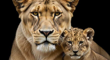 Fototapeta premium Lioness with Her Cub, Close-up Portrait