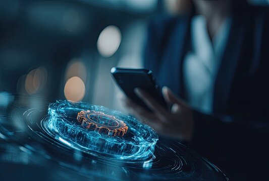 Businesswoman holding tablet, holographic gear graphic