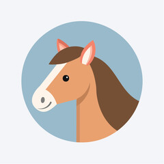 Cute cartoon horse head icon in a circle, a friendly brown pony character avatar for web and print. Flat design vector illustration
