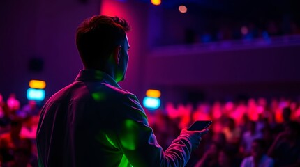 Dynamic speaker captivating audience with a smartphone during a conference in vibrant neon lights