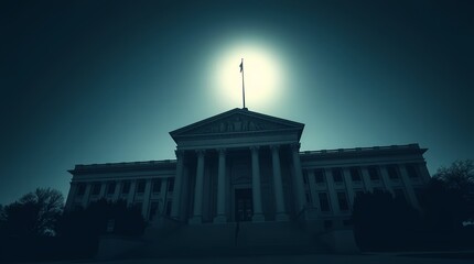 Dramatic courthouse silhouetted against a bright sun, symbolizing justice, law, and governmental power