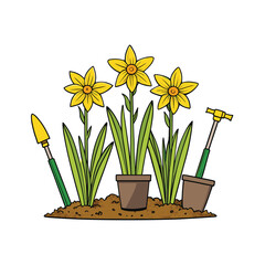 Vibrant daffodils blooming from rich soil with essential garden tools for planting and cultivation