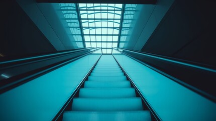 Obraz premium Modern escalator ascending towards bright skylight, conveying upward movement and progress in a sleek architectural design