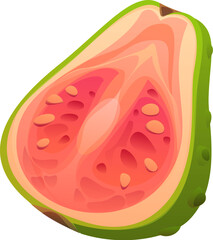 Cartoon tropical ripe raw halved guava fruit with light green skin and pink juicy pulp filled with small edible seeds. Isolated vector fresh sweet and aromatic exotic plant rich in vitamin C and fiber