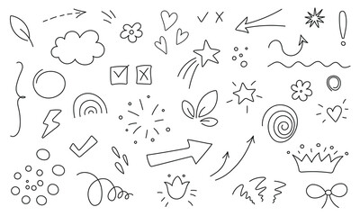 Hand drawn sketch doodle Cute line Rainbow, Crown, Cloud, Leaf, Spiral, Flower, Bow, Bracket, Lightning, Droplet, Heart, Check mark, Arrows, Direction element icon set. Vector illustration.
