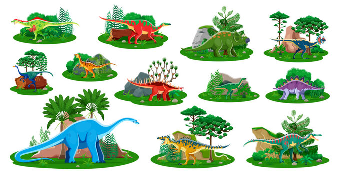 Cartoon dinosaur characters and prehistoric nature landscape, vector jurassic dino animals. Cute neovenator, avaceratops, raptor and anatotitan, kentrosaurus and suchomimus dinosaurs, palms and rocks