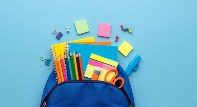 Flat lay of an open blue backpack filled with vibrant school supplies like notebooks, colored pencils, scissors, erasers, and sticky notes, set against a clear blue background, symbolizing education