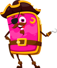 Cartoon pencil case education school stationery pirate and corsair crew character with hand hook and mustaches. Isolated vector mischievous captain personage embodies swashbuckling adventurous vibe