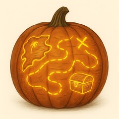 Fototapeta premium Carved halloween pumpkin with a glowing treasure map design and treasure chest symbol