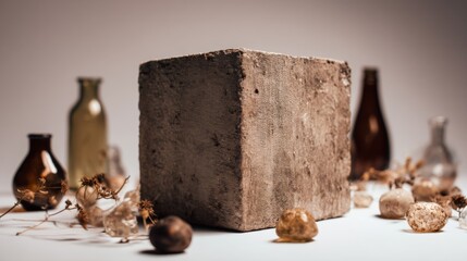 Large stone cube arranged decoratively with bottles and nuts on neutral background