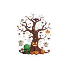 Fototapeta premium Cute 3D Halloween tree with smiling jack-o'-lantern face, monster, ghosts, and spooky decorations on black background.