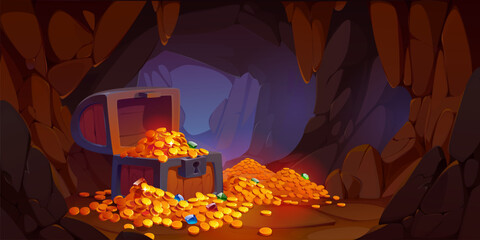 Pirate treasure cave with wooden chest, golden coins and crystal gems spilling from an open trunk, surrounded by jagged rocks. Cartoon vector game scene background evokes adventure and hidden riches