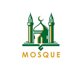 Ramadan Muslim mosque icon featuring green and gold mosque building with minarets and crescent on top, symbolizing Islamic culture and spirituality. Vector emblem for religious festivities or branding