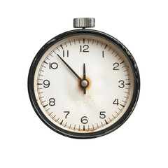 Vintage round clock with black casing and white dial showing time at 10:10, displayed on a neutral background