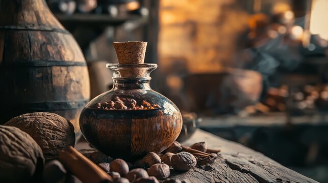 Rustic clay pots and wooden barrels arranged decoratively together on dark background