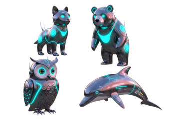 Set of futuristic cybernetic animals with glowing neon blue details: cat, bear, owl, and dolphin.