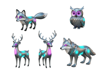 Collection of stylized metallic futuristic animals with glowing neon accents.