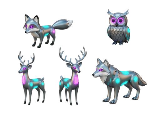 Collection of stylized metallic futuristic animals with glowing neon accents.