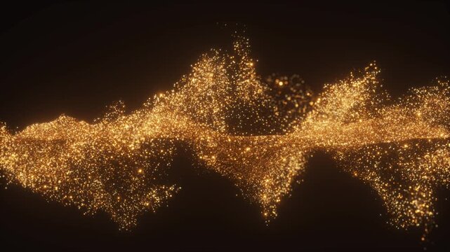 3D render motion of golden glitter particles forming a wave shape. Golden sand is blown by the wind, sparkling with a bokeh effect.