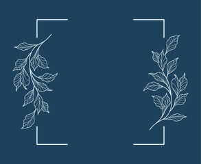 Floral and square hand drawn style. Floral navy frame of twigs, leaves and flowers. Frames for the Valentine's day, wedding decor, logo and identity template.
