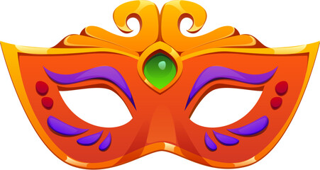 Brazilian carnival party mask. Isolated cartoon vector disguise with golden, purple and red colors and a precious green gemstone in the center, for masquerade balls, rio carnival, and costume parties